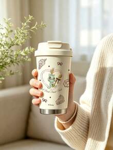 Miniso Cute Cartoon Fresh Style Portable Hanging Rope Water Bottle Cup, Large Capacity Insulated Tumbler, Student School Use, Fits Cup Holder, Rubber Base, Unisex Gift - White - View 4