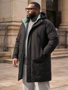 Men Plus Size Long Sleeve Thick Wadded Winter Coat, Mid-Length Padded Coat, Fall/Winter - Black - View 7
