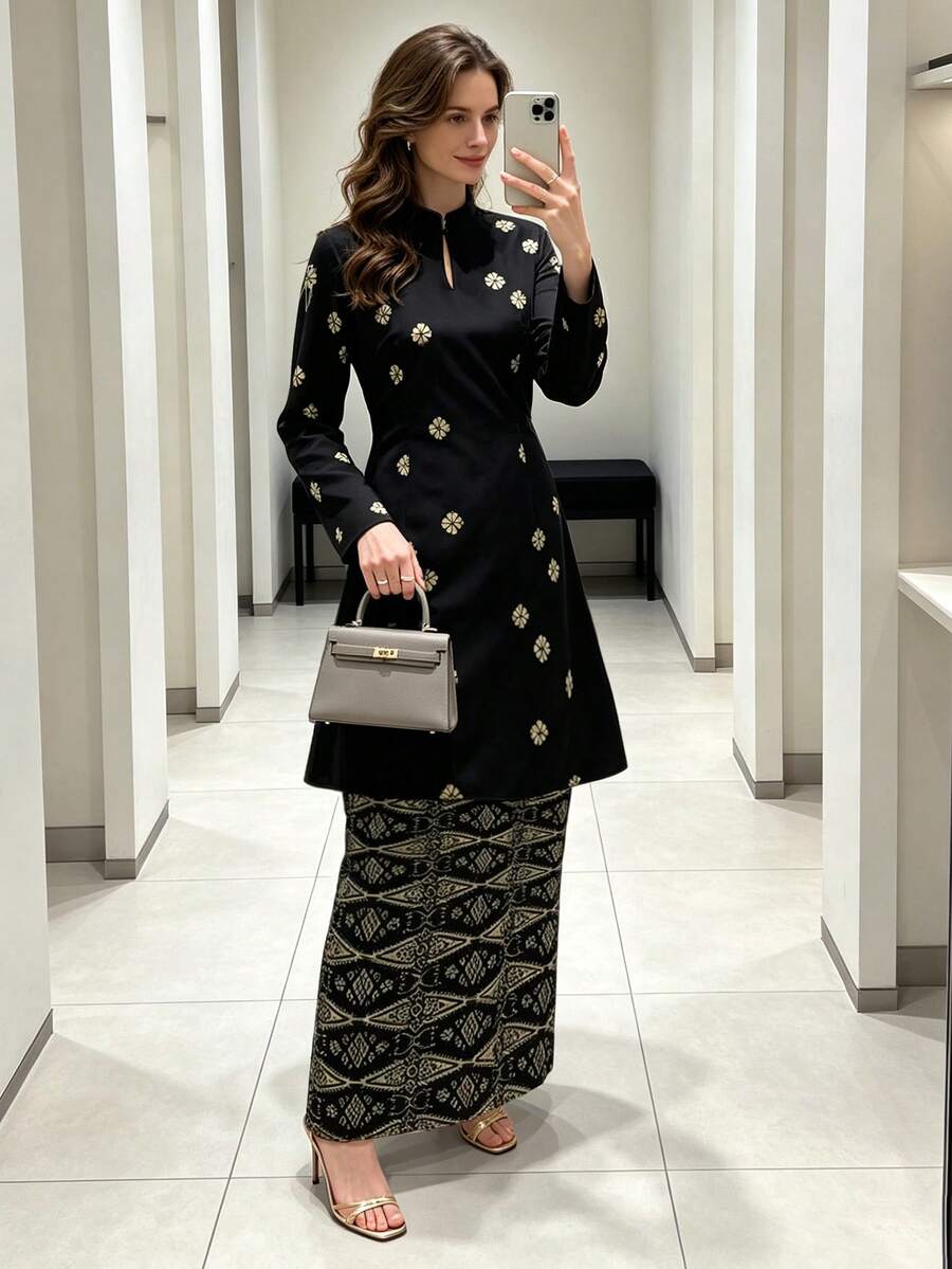 Floral Print Elegant Women's Top And Skirt 2 Pieces Set - Black - View 1