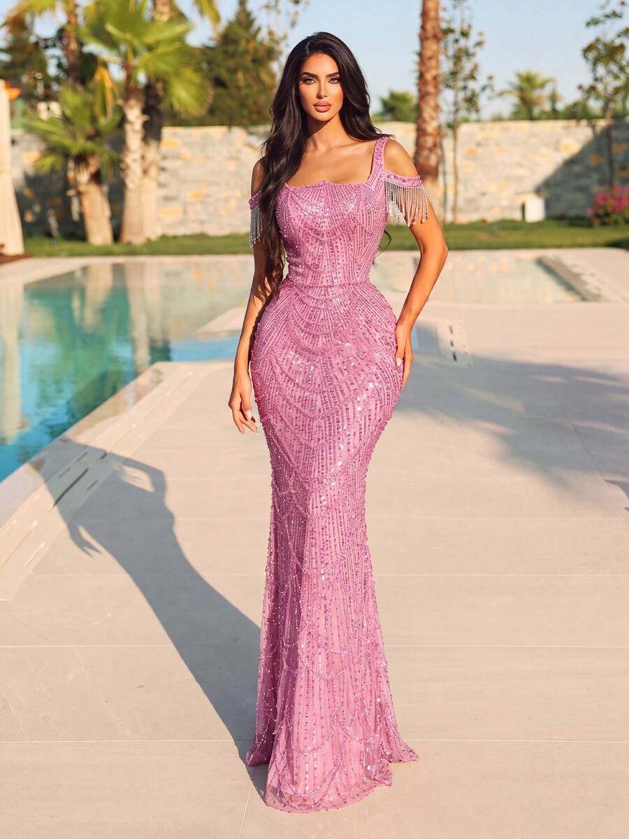 Luxury Sparkling Beaded Evening Gown - Mermaid Silhouette, Square Neckline Design Wedding Party Fall