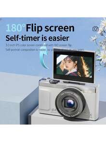 Kamera Vlog Digital 4K Layar Putar 180°, 64MP Autofokus Zoom 16X Kamera Kompak Point & Shoot, Filter Kecantikan Layar IPS Transfer OTG, Portabel untuk Selfie dan Perjalanan, Tidak Termasuk Kartu Memori - View 3