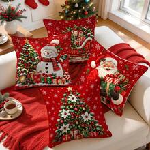 4pcs Classic Red Christmas Pillow Covers, Christmas Tree Snowman Santa Claus Sleigh Gift Print Pattern, Single-Sided Printed Pillow Covers/Cushion Covers, Multi-Scene Atmosphere Decorative Pillow Covers Suitable For Living Room Sofa Bedroom, Pillow Insert Not Included - Multicolor - View 7