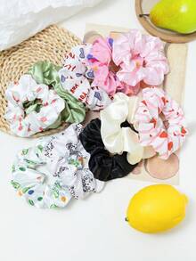 10pcs Fruit Print Satin High Elasticity Ruched Hair Scrunchies, Soft Daily Versatile Ponytail Hair Accessories Headwear - Multicolor - View 2