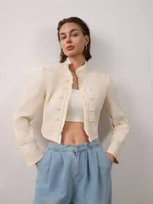 Women's Solid Color Stand Collar Casual Versatile Daily Long Sleeve Jacket - Beige - View 1