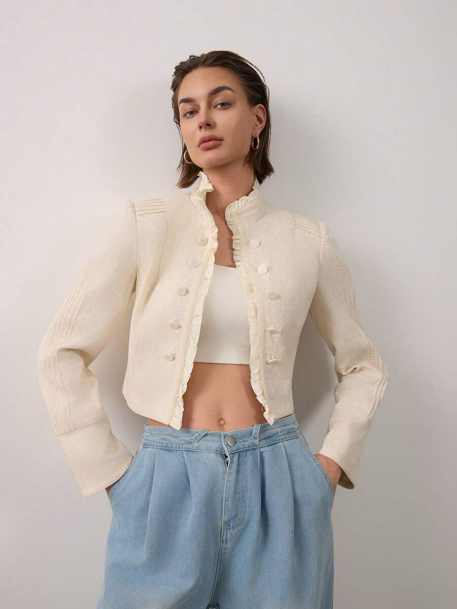 Women's Solid Color Stand Collar Casual Versatile Daily Long Sleeve Jacket - Beige - View 1
