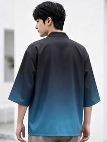 男士和服風開襟衫休閒襯衫,漸層色夾克上衣,可機洗,易打理,舒適面料 - 藍色 - 查看 5