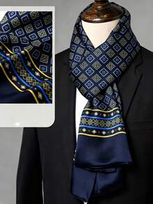 Luxury Men's Scarf, Premium Navy Blue, Classic Geometric Pattern, Fashion Item, Formal Occasions, Daily Wear - Navy Blue - View 2