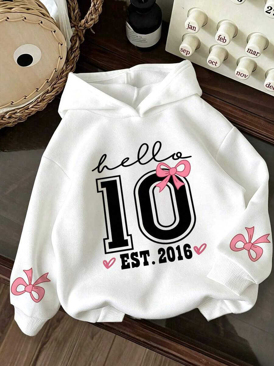 Big Girls Autumn/Winter Hooded Sweatshirt, Hello 10 EST.2016 Pink Bow & Heart Print, Long Sleeve Casual 10th Birthday Party Pullover - White - View 1