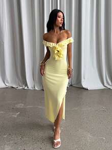 Autumn Solid Color Off-Shoulder Ruffle Hem Slit Dress Women Elegant Party Date Dress - Yellow - View 4