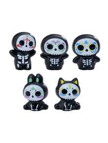 5Pcs Mini Day Of The Dead Sugar Skull Figurines Set, Hand-Painted Colorful Glossy Resin Cute Cartoon Cat Rabbit Skeleton Statues, Spooky Mini Ornaments For Halloween Party, Micro Landscape Fairy Garden, Desktop Shelf Home Office Decoration - A - View 4