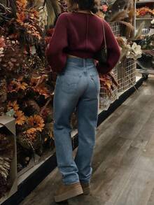 Women's Burgundy Knitted Crop Top, Long Sleeve V-Neck Sweater For Fall And Winter, Stylish And Cropped Fit Design - Burgundy - View 2