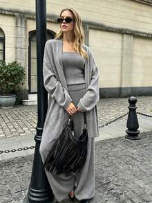 3 Pieces Set Elegant Style Bandeau Top + Buttonless Long Cardigan + Casual Versatile Loose Wide Leg Pants Women's Clothing - Dark Grey - View 1