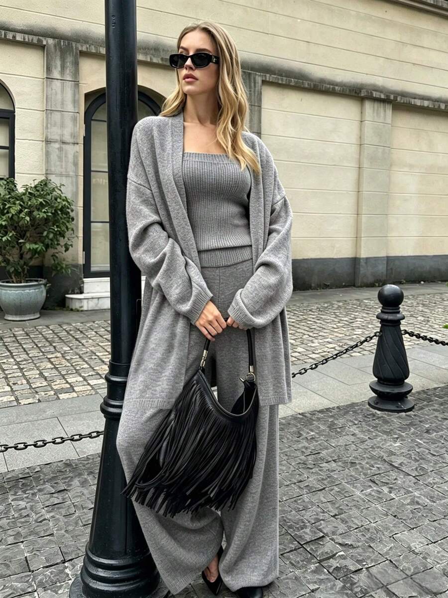 3 Pieces Set Elegant Style Bandeau Top + Buttonless Long Cardigan + Casual Versatile Loose Wide Leg Pants Women's Clothing - Dark Grey - View 1