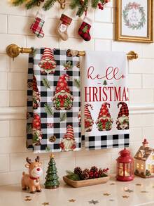 2pcs Christmas Cartoon Black Plaid Gnome Holding Gift Merry Christmas Pattern Kitchen Towels, Soft Polyester Dish Cloths, Suitable For Kitchen Decor, Kitchen Cleaning, Holiday Party Decoration, Kitchen Bathroom Supplies Home Essentials, Home Decor, Housewarming Gift - Multicolor - View 2
