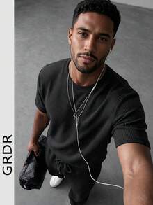 GRDR Vintage Waffle Knit Men's Casual Minimalist Drawstring Short Sleeve Top And Long Pants 2 Pieces Set - Black - View 5
