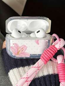 Transparent Pink Lily Small Polka Dot Compatible With Airpods 5 Protective Case, High-Definition Print Non-Fading Earphone Shell + Pink Plaid Woven Lanyard, Student Commute Spring Outing Versatile Fresh Style Compatible Compatible With Airpods 1/2/3/4/5/Pro/Pro2/Pro3, Affordable Gentle Floral Gift For Best Friend, Daily Versatile Practical Small Gift - Pink Lily + Pink Lanyard - View 6