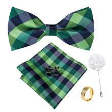 5Pcs Men Green Plaid Bow Tie Pocket Square Cufflinks Ring Boutonniere Set, Cufflinks Pattern Random For Wedding Business Party - Green - View 2