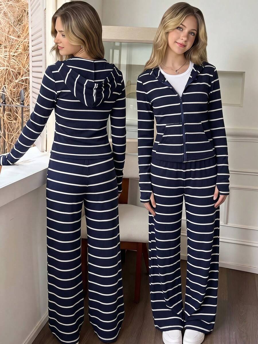 Tween Girls Autumn/Winter Navy Blue & White Ribbed Ribbed Knit Hoodie With Pockets And Zipper, Paired With Casual Long Pants, 2 Pieces Set - Black and White - View 1