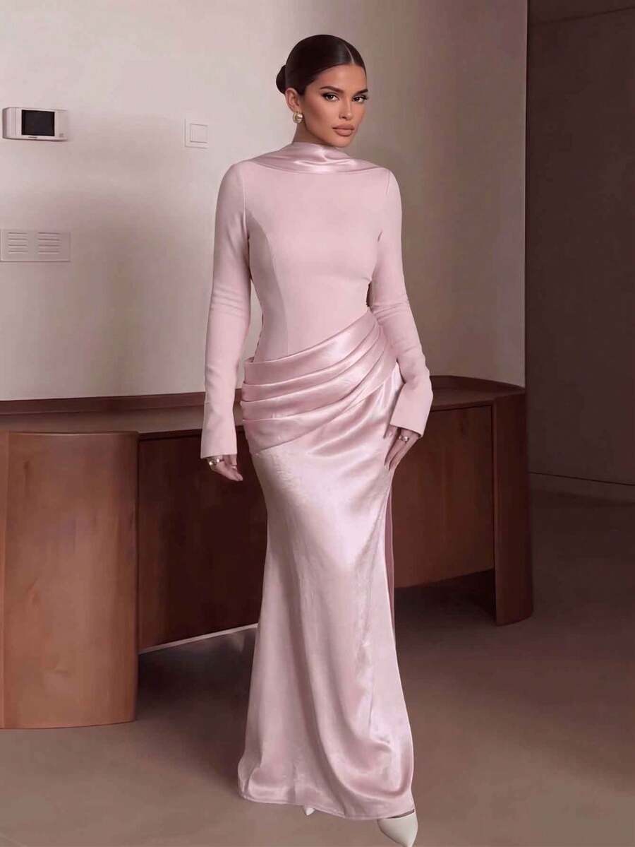Vestido formal elegante con volantes de unicolor para bodas, banquetes y fiestas de cóctel - Rosa Pálido - Ver 1