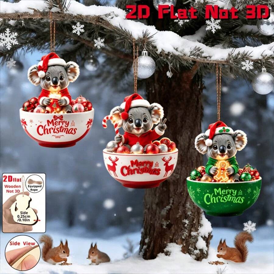 8pcs/16pcs Set Christmas Koala Wooden Hanging Ornaments, Cute Koala Sitting In Different Christmas Bowls, Cross-Border New Wooden Crafts, In-Stock Koala Design Christmas Tree Hanging Decorations - Multicolor - View 1