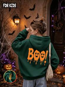 Halloween Autumn Winter Girls Hooded Fleece Sweatshirt With Orange Dripping BOO! And  Print, - Dark Green - View 5