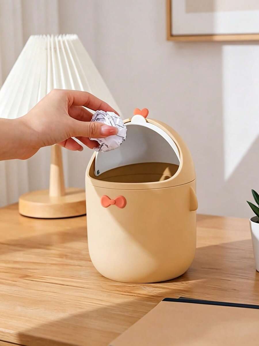 1pc Cute Desktop Trash Can With Flip Lid And Removable Inner Bucket, Easy To Clean; Lightweight And Portable Waste Container, Suitable For Bedroom, Office, Desk, Car And Vanity - Multiple Styles - View 1