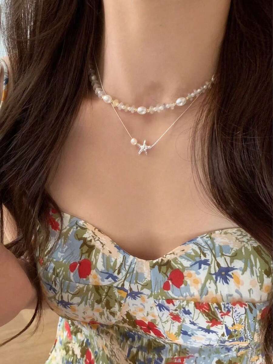 Women's Starfish Pearl Necklace, Unique Niche Design, Clavicle Chain, Elegant Versatile Delicate Star Accessory - Multicolor - View 1