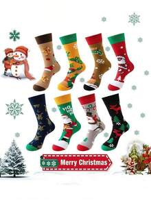 5 Pairs, Random Mixed Colors For Men & Women, Christmas Cartoon Printed Mid-Calf Socks, Soft And Breathable, Fun Holiday Socks For Christmas - Multicolor - View 13