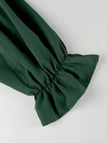 Blusa de mujer talla grande de unicolor con cuello y mangas abullonadas - Verde - Ver 6