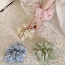 4/1pc New Women's Solid Color Soft Mesh Beaded Hair Scrunchie, Elegant & Versatile Ponytail Hair Accessory - Multicolor - View 10