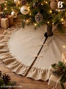 60cm/90cm Beige Farmhouse Style Christmas Tree Skirt With Ruffled Edge, Lace Bow Tree Collar Pad, Rustic Vintage Holiday Tree Base Decor Cover, Christmas Home Decoration - Apricot - View 8