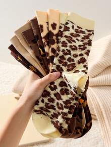 2 Pairs Women's Mid-Calf Socks, Burgundy Leopard Print Warm Thickened Socks, Suitable For Autumn/Winter Wear - Multicolor - View 6