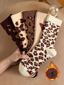 2 Pairs Women's Mid-Calf Socks, Burgundy Leopard Print Warm Thickened Socks, Suitable For Autumn/Winter Wear - Multicolor - View 4