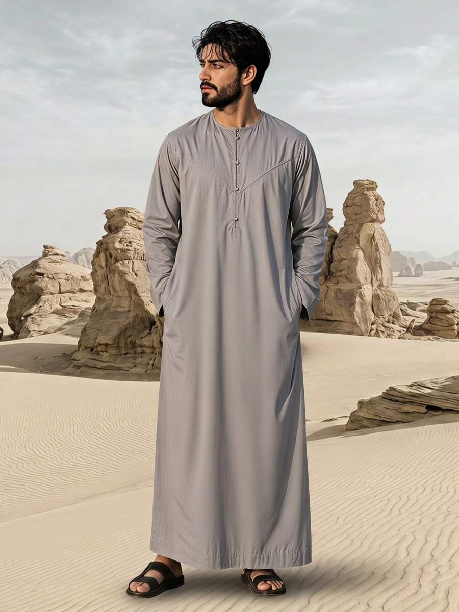 Robe de Homem Cor Sólida Estilo Árabe Feita à Mão com Botão e Gola Redonda da Disqoir