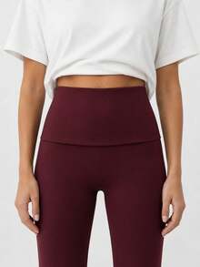 Women's Brown Soft Touch Fold-Over Waist Flare Pants - Burgundy - View 3