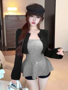 2026 Autumn/Winter Sexy Rich Girl Style 2-Piece Knit Set, Cropped Round Neck Cardigan + Waist-Cinching Ruffle Strap Bustier Tank Top, Suitable For New Year, Outings, Commuting, Dating Sweater Top - Dark Grey - View 3