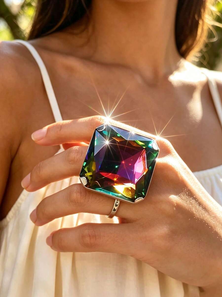 1pc Fashion Square Rhinestone Ring, Women's Daily Party Engagement Gift, High Quality Jewelry Accessory - Multicolor - View 1