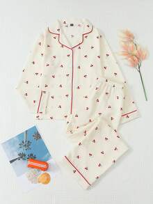 Teen Girls Cute Cherry Print Button Front Long Sleeve Pajama Set, 2-Piece Lapel Top + Pants Loungewear Home Casual Outfit For Autumn/Winter - Multicolor - View 2