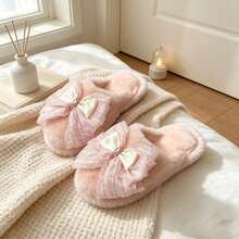 Lace Bow Fuzzy Slippers, Women Open‑Toe Plush House Slippers, Soft Cozy Indoor Flat Slides - Pink - View 3