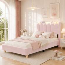 3FT Single Platform Bed Frame 90 X 190, Upholstered Bed With Storage Headboard, Velvet, Light Pink - Light Pink + Velvet + 90cm*190cm - View 2