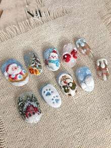 Snowy Fairy Tale Fake Nails Christmas Super Cute Snowflake Sleigh Santa Claus Forest Little Painter Christmas Atmosphere Press-On Nail Tips - Multicolor - View 1