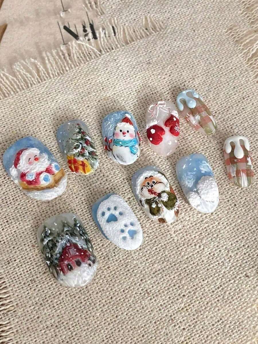 Snowy Fairy Tale Fake Nails Christmas Super Cute Snowflake Sleigh Santa Claus Forest Little Painter Christmas Atmosphere Press-On Nail Tips - Multicolor - View 1