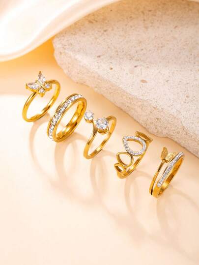 5pcs Fashionable Luxury Butterfly, Water Drop, Geometric Circle Rhinestone Stainless Steel Rings Suitable For Women's Daily Or Party Wear
