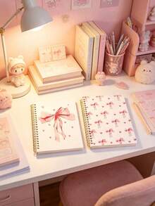 DANPERJI A5 Spiral Notebook, Designed For Bow Lovers, Pink Bow Cover, Includes Lined Pages, Monthly Calendar Layout, Colorful Inner Pages, Suitable For School Supplies, Diary/Stationery Use - one-size - View 2