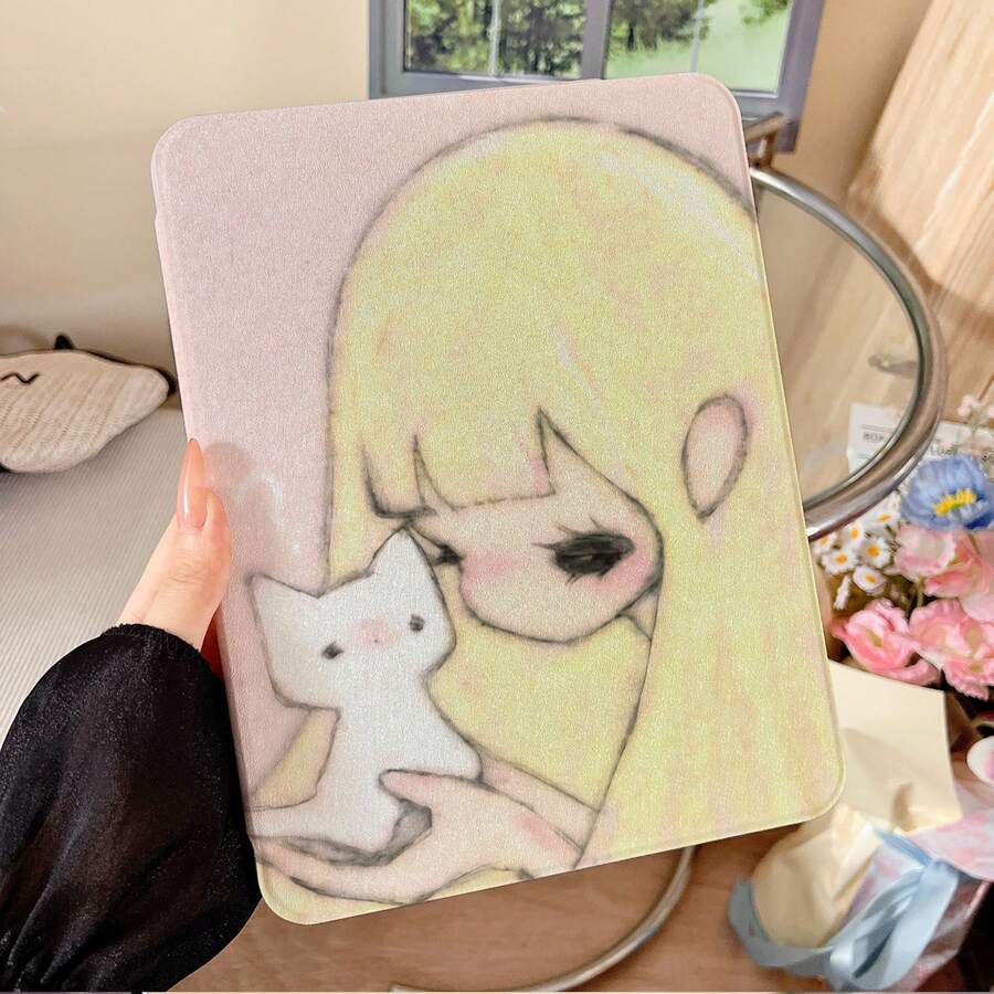 1件 柔粉背景金髮女孩抱著白貓素描藝術印花 360度可旋轉平板保護殼，相容 iPad 10代 10.9吋 2022 智慧保護殼 / Air 13(M3 2025) / Air 11(M3 2025) / 11(A16 2025)，相容 Oppo Pad、 Matepad、Vivo Pad、Honor Pad、 Xiaoxin Pad