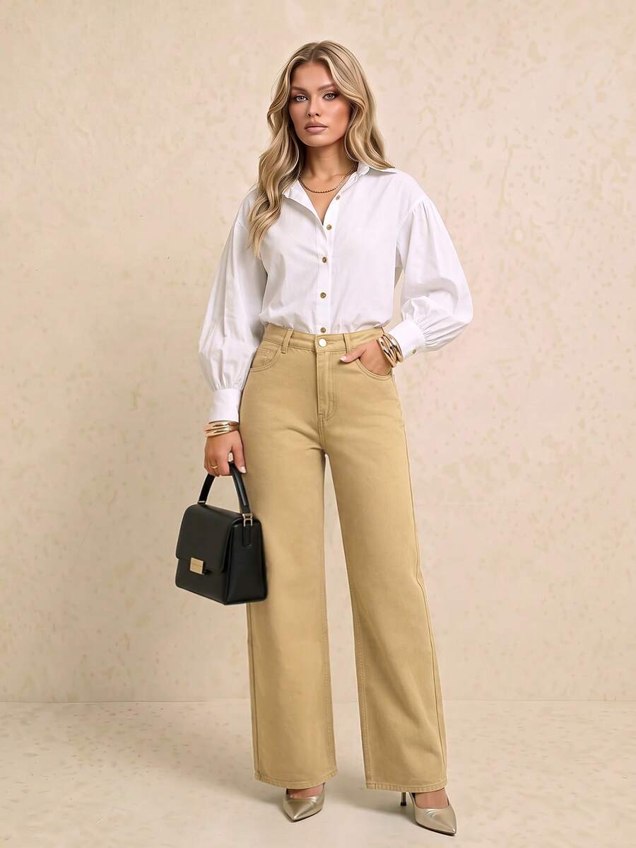Long Button-Up Non-Stretch Loose Straight Leg Denim Jeans, Casual Versatile Everyday Wear - Khaki - View 1