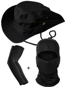 3pcs Round Brim Hat Set Outdoor Hiking Bucket Hat Drawstring Windproof Knit Hat Travel Hiking Fishing Hat - A - View 3