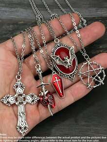 5pcs Vintage Gothic Style Bat Gemstone Cross Coffin Arrow Pierced Heart Red Heart Star Stainless Steel Necklace Set, Suitable For Daily Wear And Party, Halloween Accessory, Holiday Gift For Women Or Men - 5-piece Bat Cross Set - View 1