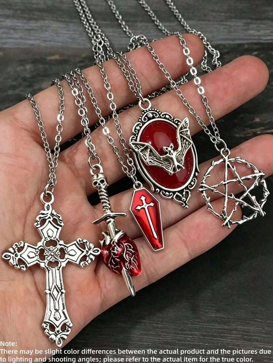 5pcs Vintage Gothic Style Bat Gemstone Cross Coffin Arrow Pierced Heart Red Heart Star Stainless Steel Necklace Set, Suitable For Daily Wear And Party, Halloween Accessory, Holiday Gift For Women Or Men - 5-piece Bat Cross Set - View 1