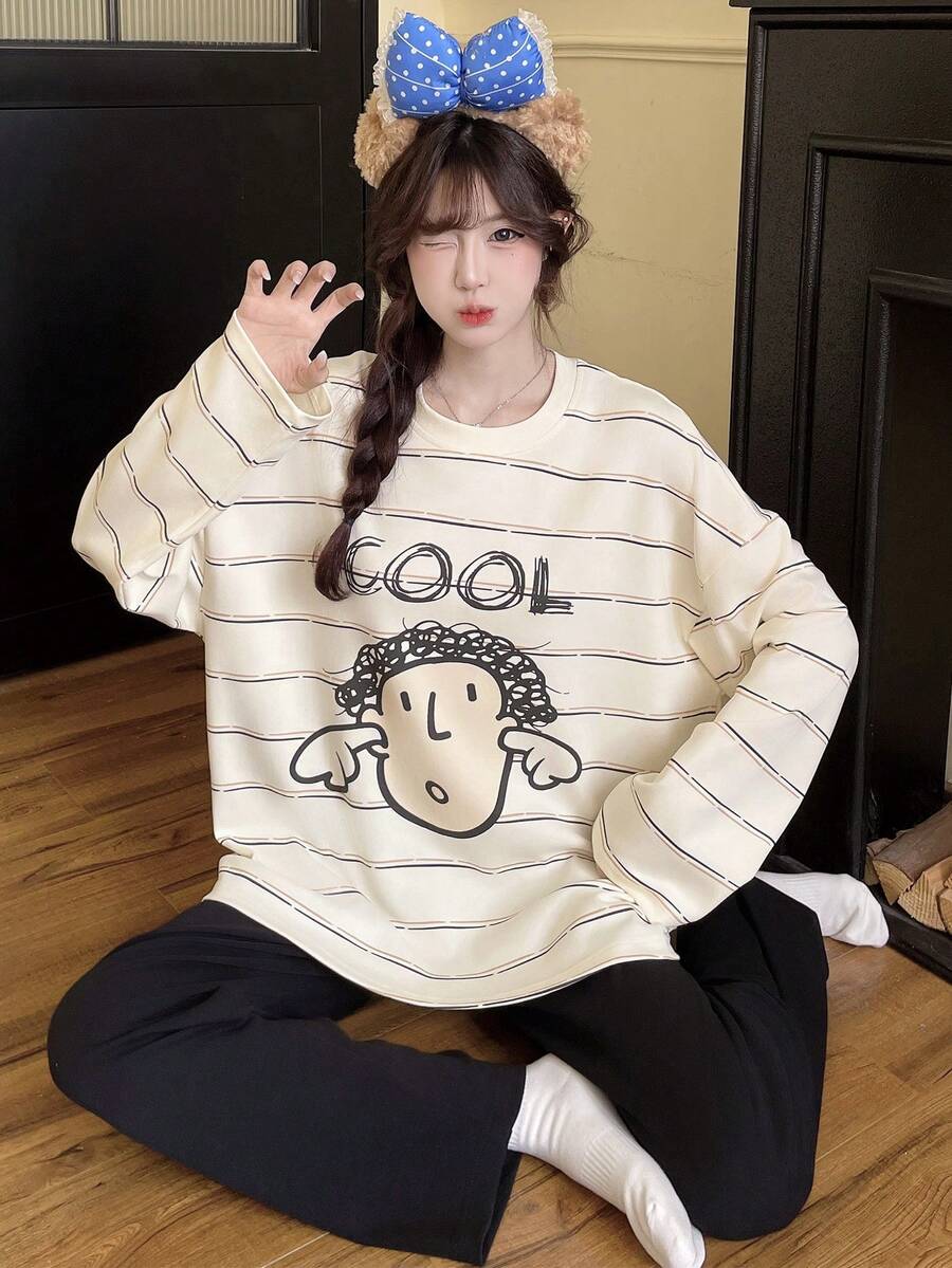 2pcs/Set Women's Spring/Autumn Casual Cartoon Sweat-Absorbent Breathable Round Neck Long Sleeve Long Pants Cartoon Spring/Autumn/Winter Home Wear Fall Clothes For Women - Apricot - View 1